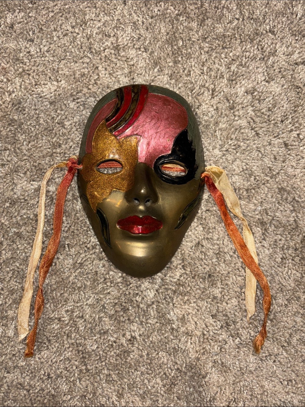 Vintage hand painted Brass and Red Venetian-Style Wall Mask theatrical art